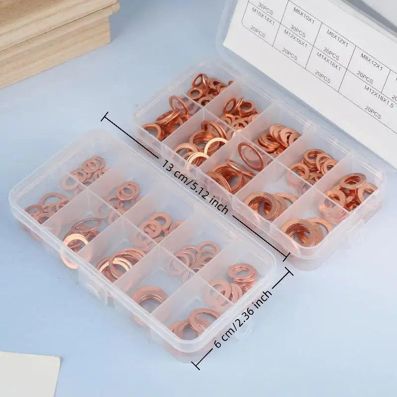 100/200Pcs Of Copper Washers Nuts And Bolts With Box M4/M5/M6/M8/M10/M12/M14 Seal Combination Kit For Oil Pan Plugs Vue