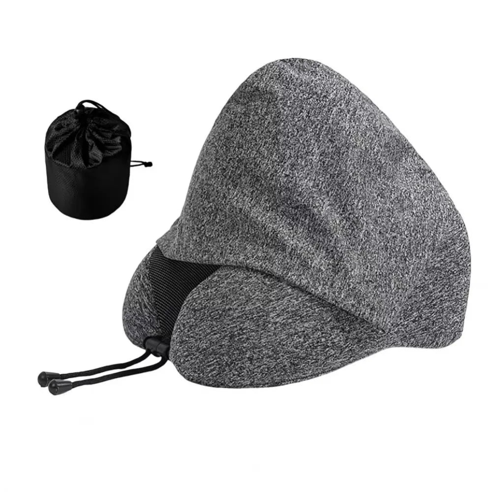 Removable Travel Neck Pillow Washable Cover with Storage Bag Hooded Pillow Adjustable Comfortable U-shaped Pillow with Cap Vue Dark Grey