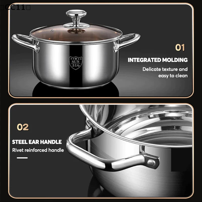 Stainless Casserole Cookware Double Handle Soup Pot Glass Cover