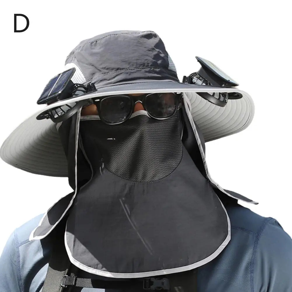 Solar USB Rechargeable Full Face Cover Mute Fan Summer Male Outdoor Fan Hat Big Edge Sun Hat Sunscreen Quick-drying Fishing Hat Vue D