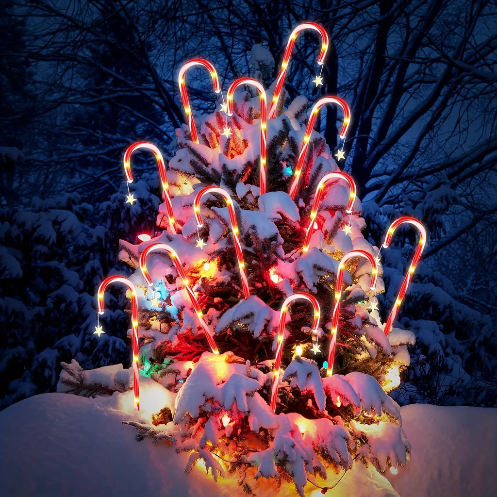 Christmas Ambiance Solar Stake Lights - Star Snowflake Cane Shape, 8 Lighting Modes, LED Outdoor Lawn Lights for Path, Garden Vue
