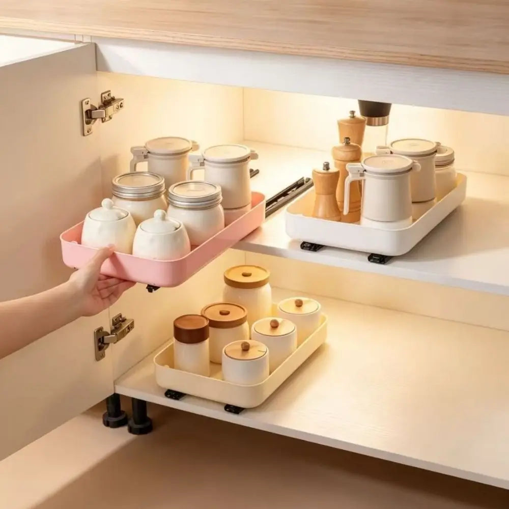Large Capacity Pull Out Storage Tray Plastic Anti-slip Sliding Cabinet Shelf with Slide Rails Slide Out Pantry Shelves Bathroom Vue