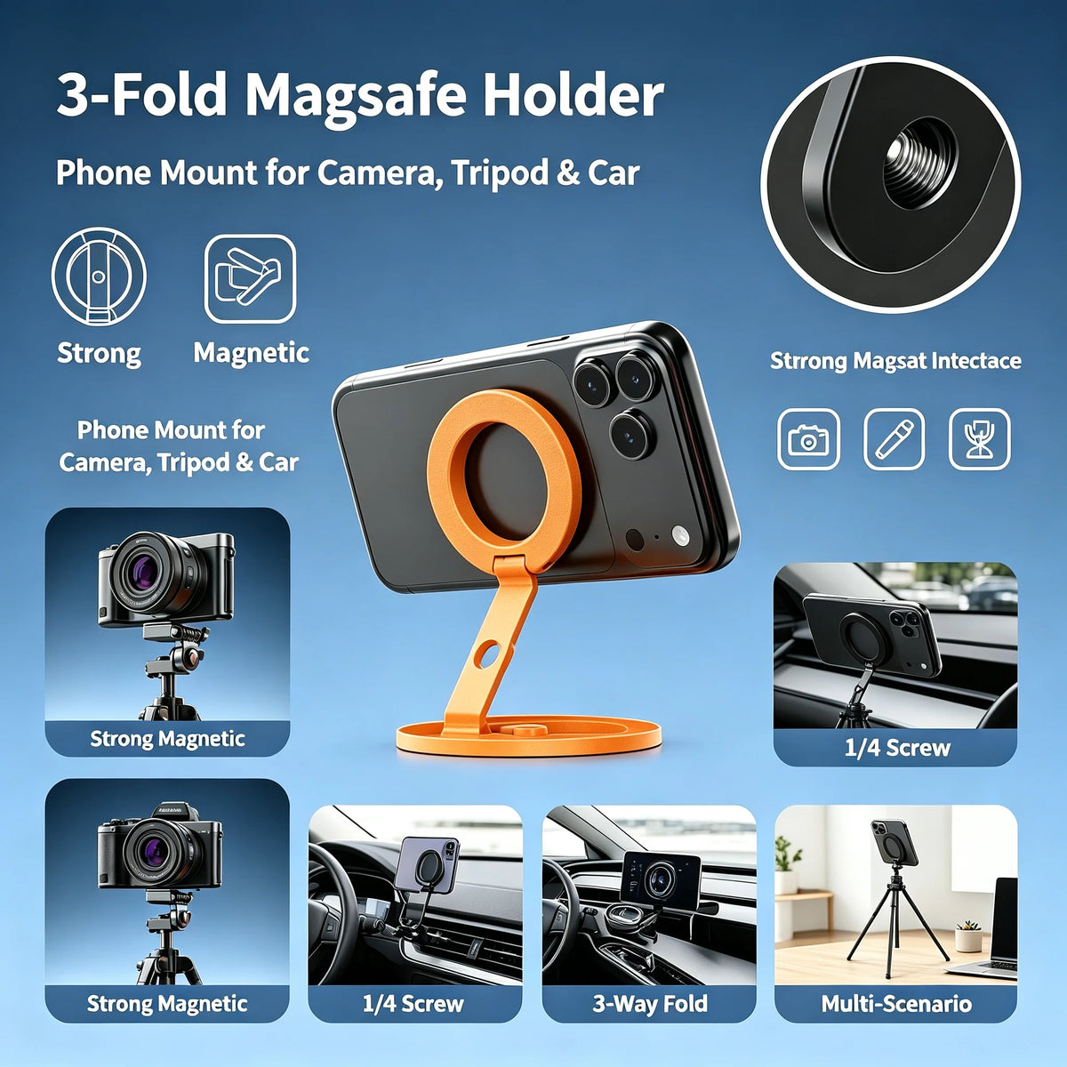 Foldable Double Sided Magnetic Phone Ring Stand 360° Rotatable Photography Bracket Universal Smartphone Grip Vue