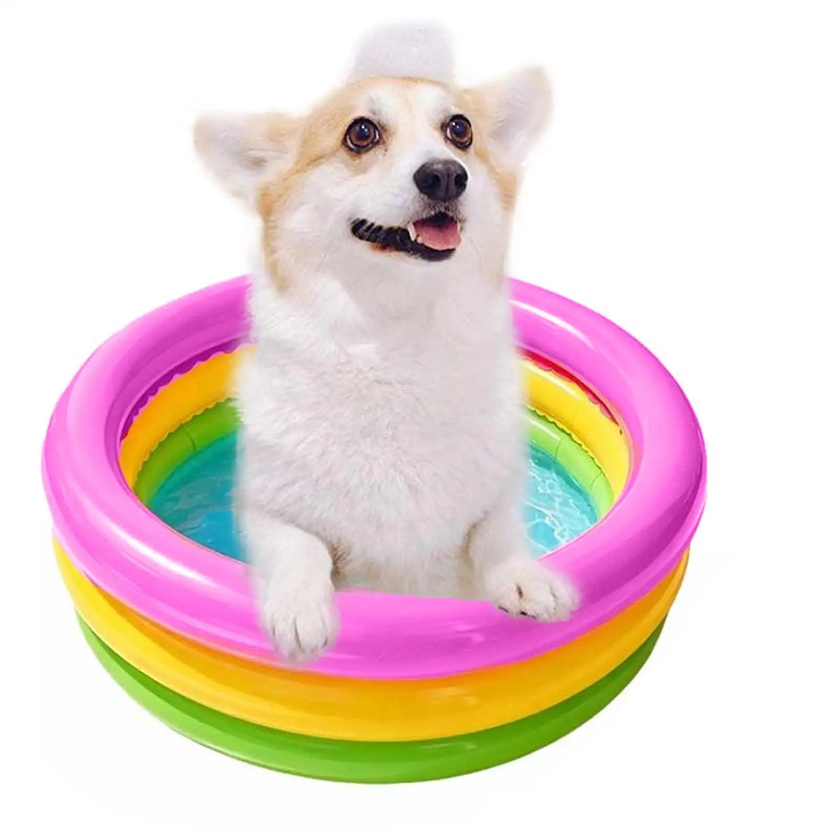 60x25cm Rainbow Foldable Doggie Pool, Portable Pet Swimming Pool with Water Toys, Outdoor Summer Splash Pool for Garden Beach Vue