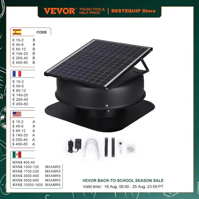 Solar Attic Fan 40W 1230 CFM Roof Vent with Thermostat & Adapter Solar Attic Fan Vue