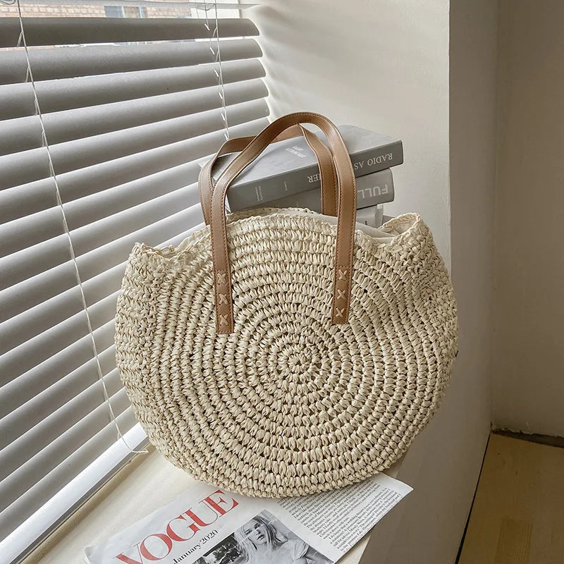 Summer Round Straw Bags for Women Rattan Shoulder Bag Travel Handmade Woven Beach Handbags Female Large Capacity Totes Bag Vue