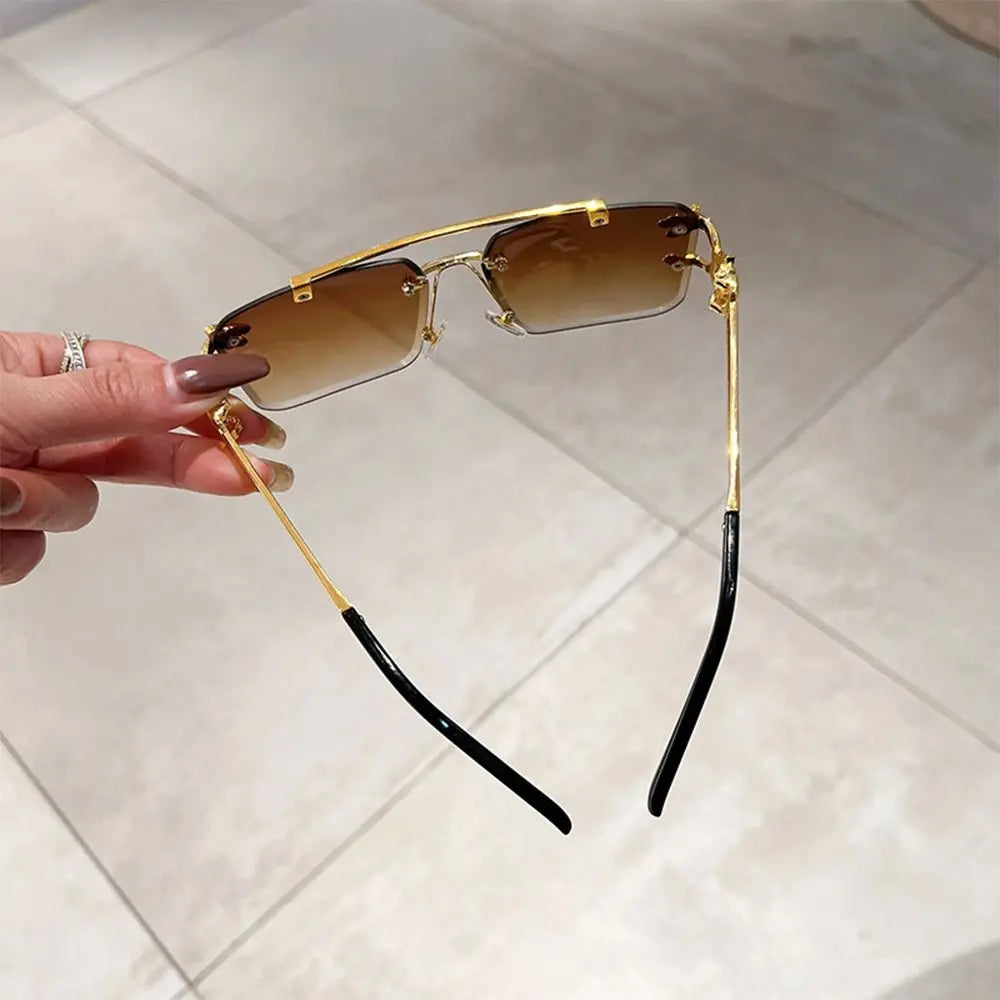 Retro Double Bridge Rimless Sunglasses Metal UV400 Cheetah Decor Sun