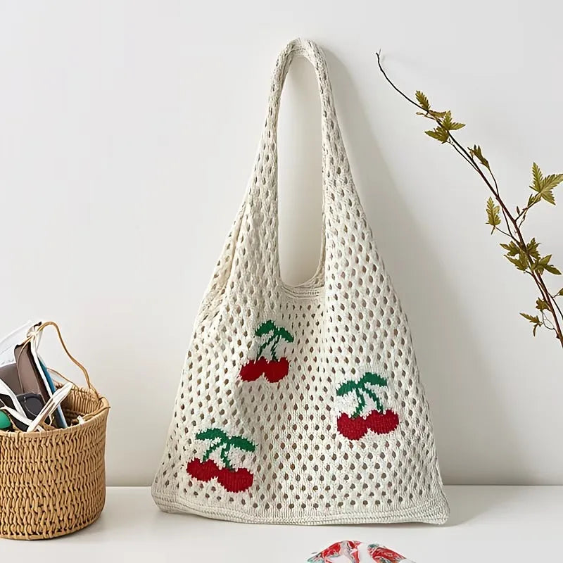 Women Stylish Turtle Cherry Pattern Crochet Tote Bag Large Capacity