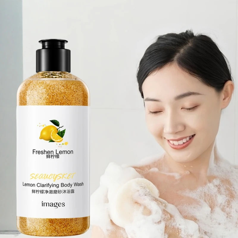 300ml Lemon Scrub Shower Gel, Alcohol-Free, Non-Greasy, Formaldehyde-Free, Rich in Citric Acid, Vitamin E, and Hyaluronic Acid, Suitable for All Light Beige Skin Types, with a Fresh Scent, Featuring Moisturizing, Nourishing, Vue