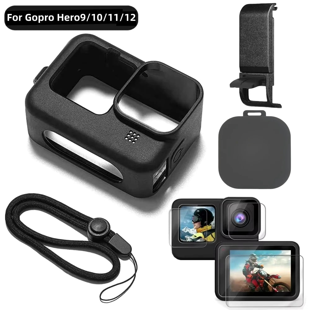 Silicone Case for GoPro Hero 12 11 10 9 Black Tempered Glass Screen Protector Protective Film Lens Cap Cover for Go Pro 11 Case Vue