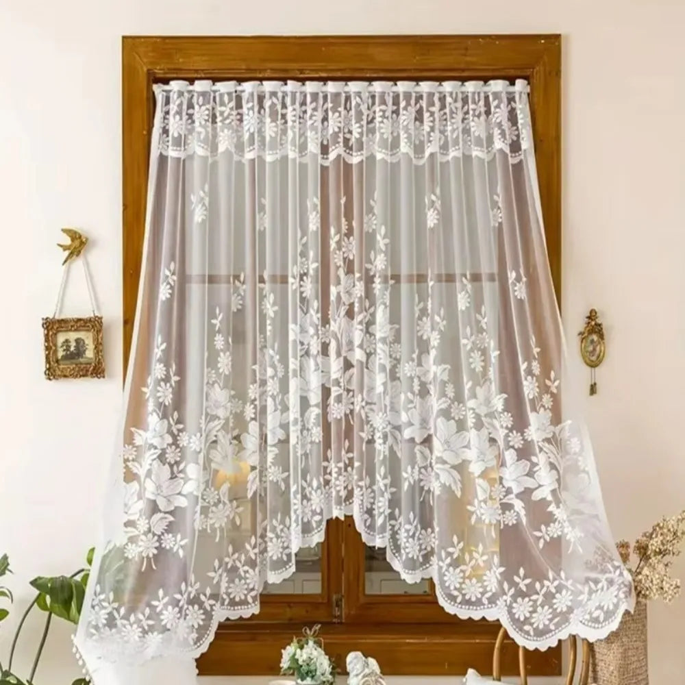 Flower Pattern French Lace Jacquard Curtain Translucent Through-rod Design Kitchen Partition Tulle No Drilling Required Vue
