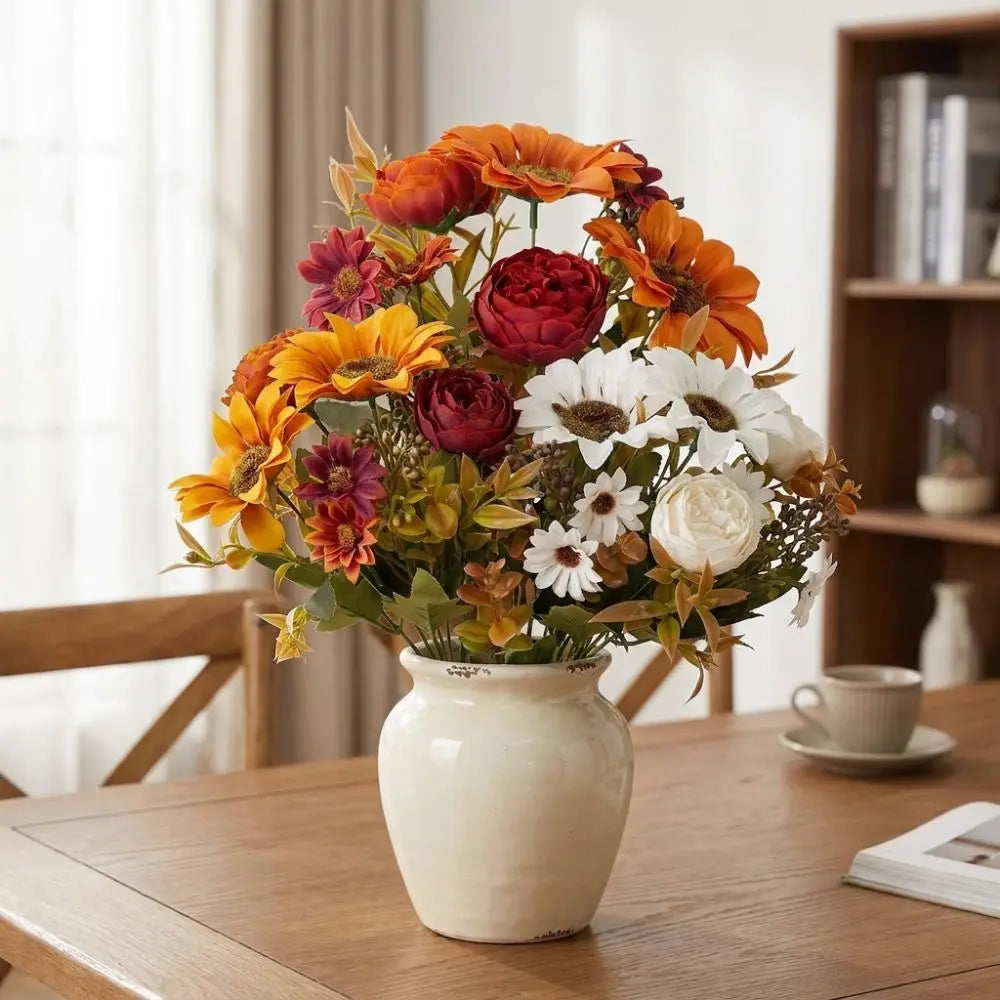 Rustic Fall Autumn Sunflower Peony Bouquet UV Resistant Mixed Floral Vintage Fall Artificial Flower Bunch Real Touch No Wilting Vue