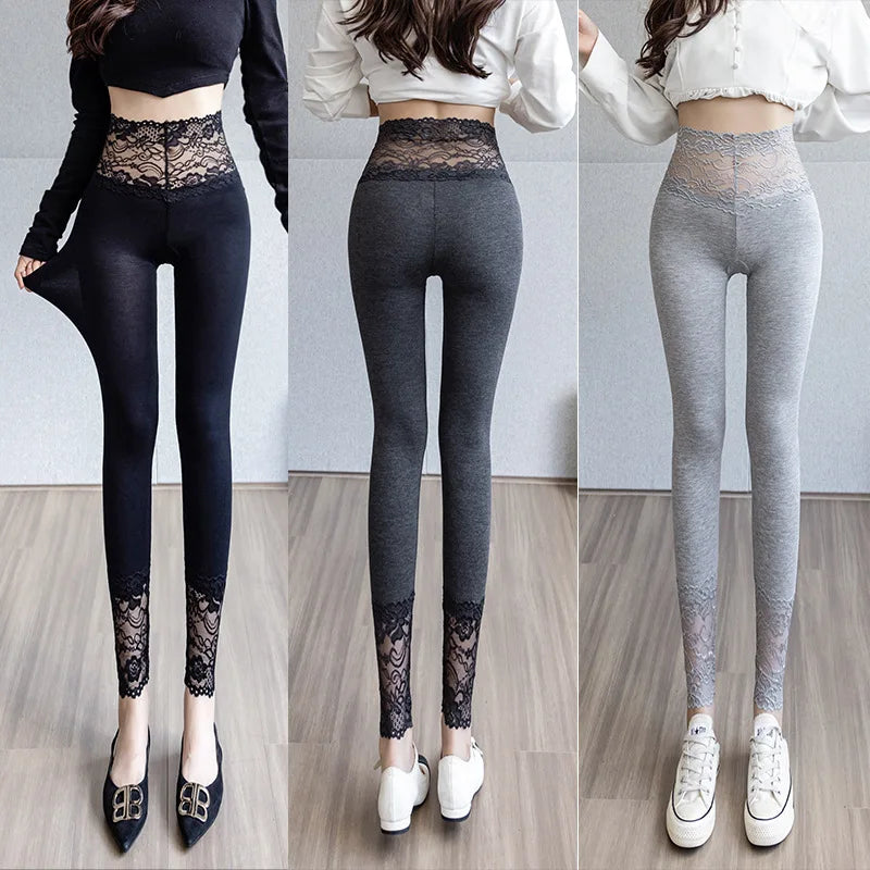High Waisted Lace Trim Leggings for Women Summer Thin Outwear Tummy Control Butt Lift Slim Fit Shaping Tights Breathable Vue