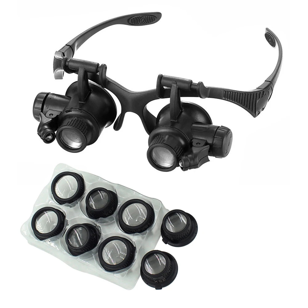 10-25X Head-Worn Magnifier with LED Lights Jewelry Antique Clock Repair Tool Adjustable Headband Glass (Battery Not Included) Vue black