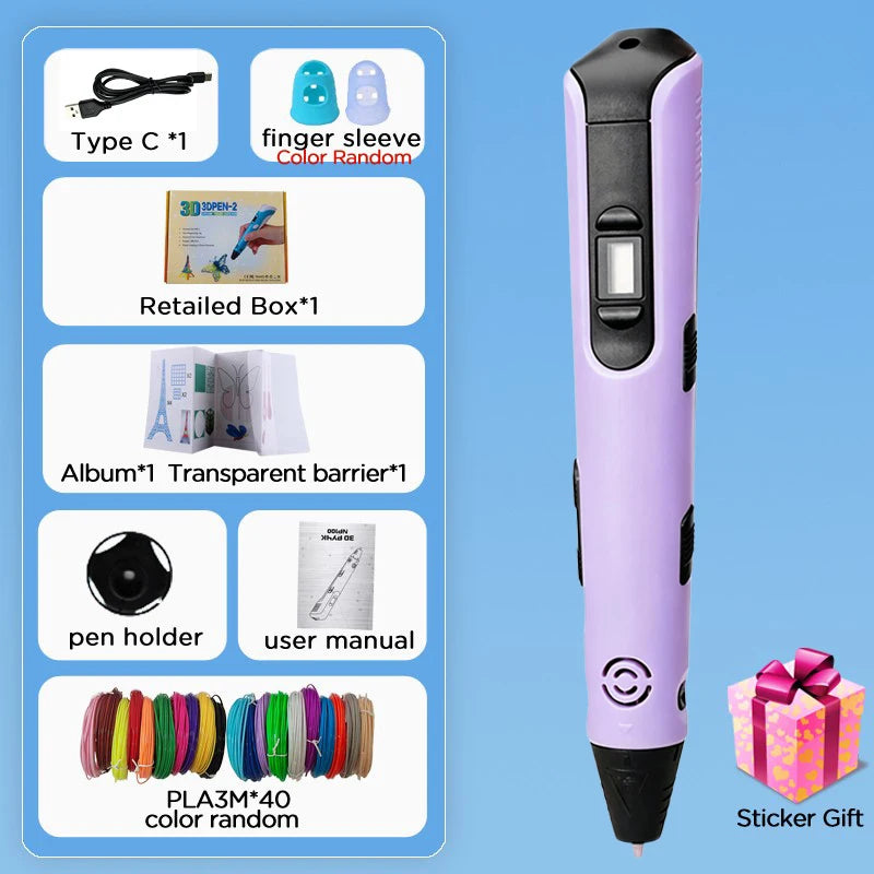 3D Pen Kids 40 Colors 1.75mm PLA Children 3D Printing Pen 0.7mm Diameter Material DIY Drawing Pen Boy Girl Birthday Gifts Vue Purple-120PLA