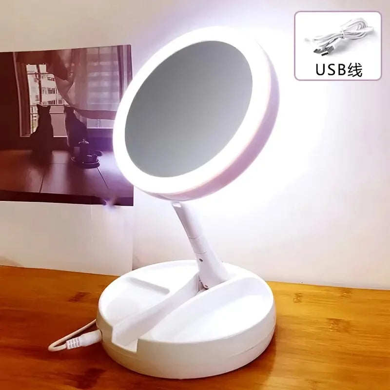 Double-Sided Travel LED Makeup Mirror with 10X Magnification Folding Portable Cosmetic Mirror with Lights Dual Powered Supply Vue