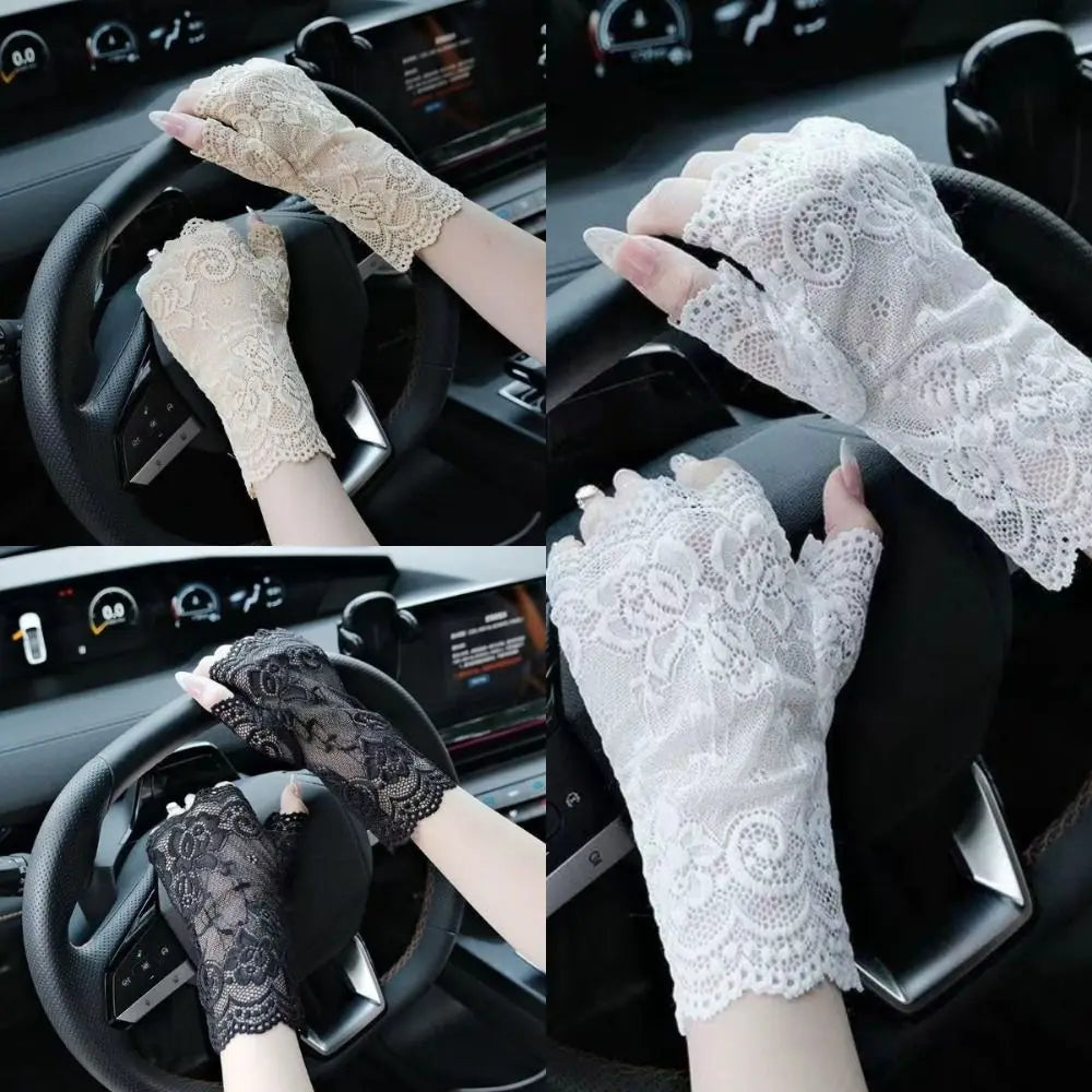 Summer Thin Half-finger Gloves Elasticity UV Protection Mesh Lace