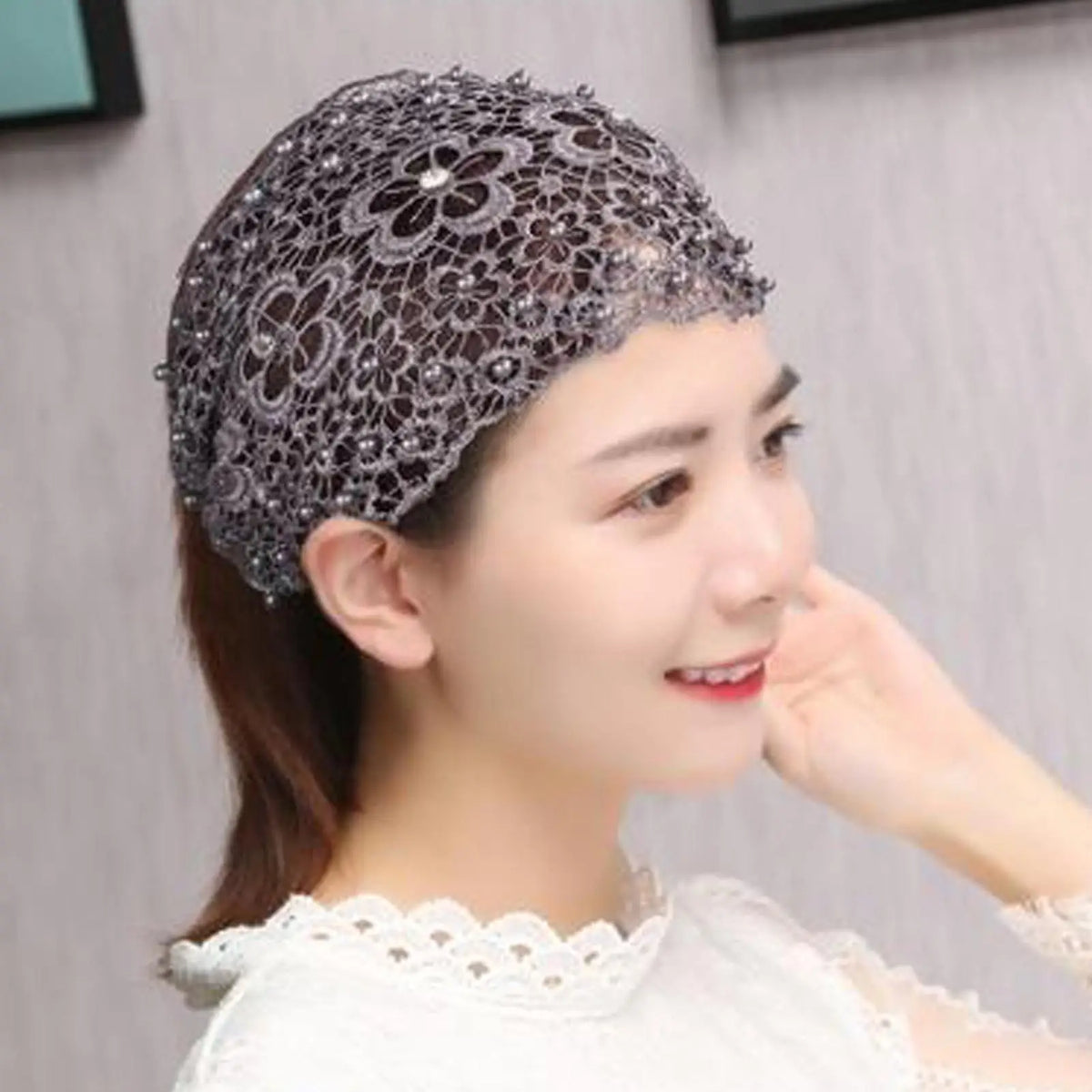 15x25CM Lace Headband Wide Floral Pearl Elastic Hair Scarf Sweat Wicking Hair Accessories for Women Yoga Gym Sports Running Vue