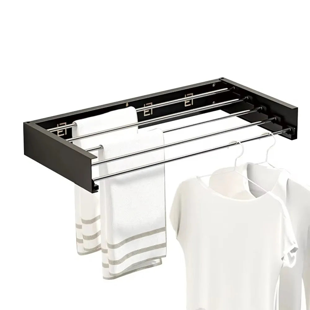 Carbon Steel Invisible Clothes Drying Rack 5 Rods Wall Mounted Hidden Drying Rack Space Saving 60CM Clothesline Pole Hanger Vue Black