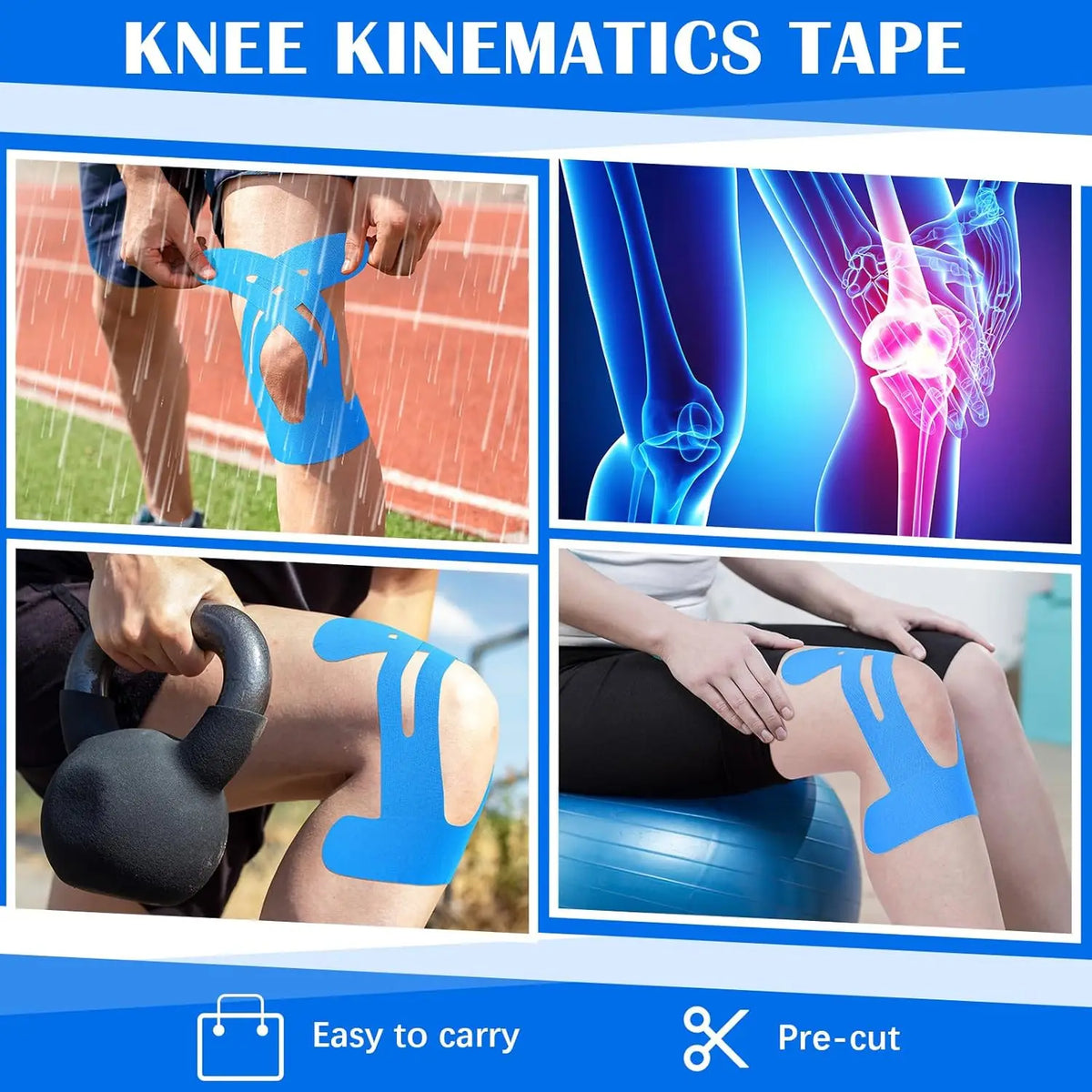 10PCS Precut Kinesiology Tape For Knees,Waterproof Elastic Breathable Knee Tape,Athletic Tape Provide Support Stability Running Vue