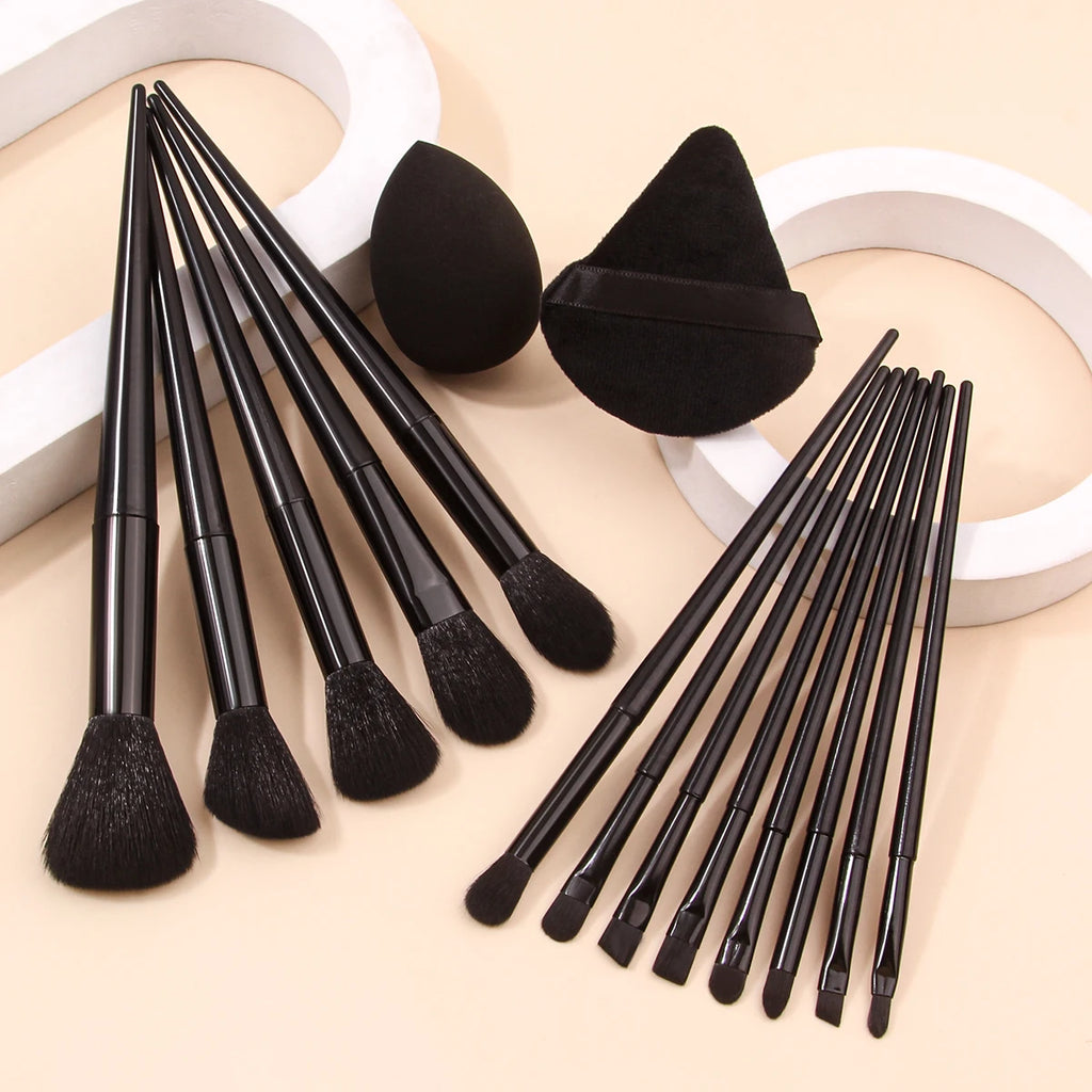 13pcs Black Makeup Brush Set Soft Powder Brush Portable+1pcs Triangular Sponge Puff+1pcs Foundation Make-up Sponge Beauty Egg Vue black
