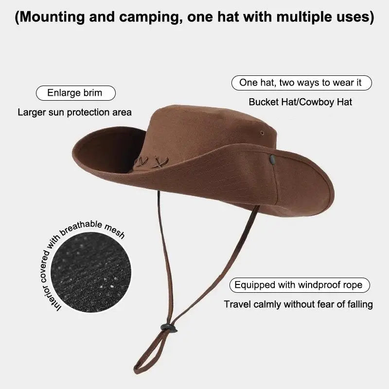 Breathable Western Cowboy Hat Solid Color Adjustable Wide Brim Sun Hat Outdoor Mountaineering Fisherman Sunshade Cap Travel 1PC Vue