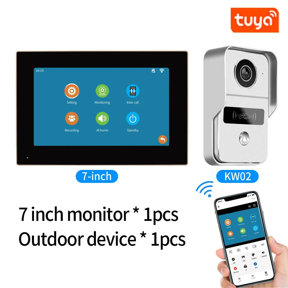 Tuya App Wifi Video Intercom Kits Visual Doorbell System 1080P Entry Doorphone Door Camera for Home Villa Apartment Vue KW02-IP 7 inch 1to1