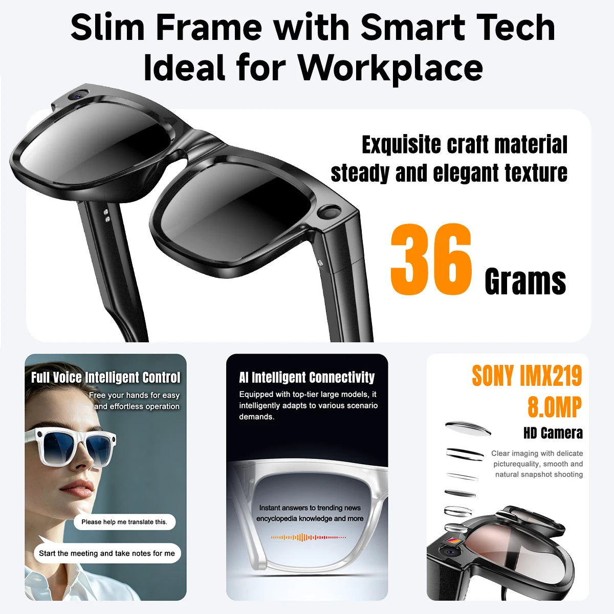 Smart Glasses 800W Pixel Camera Bluetooth IPX4 Waterproof Magnetic Charging Audio Glasses Video Voice Recorder Hands-Free Camera Vue