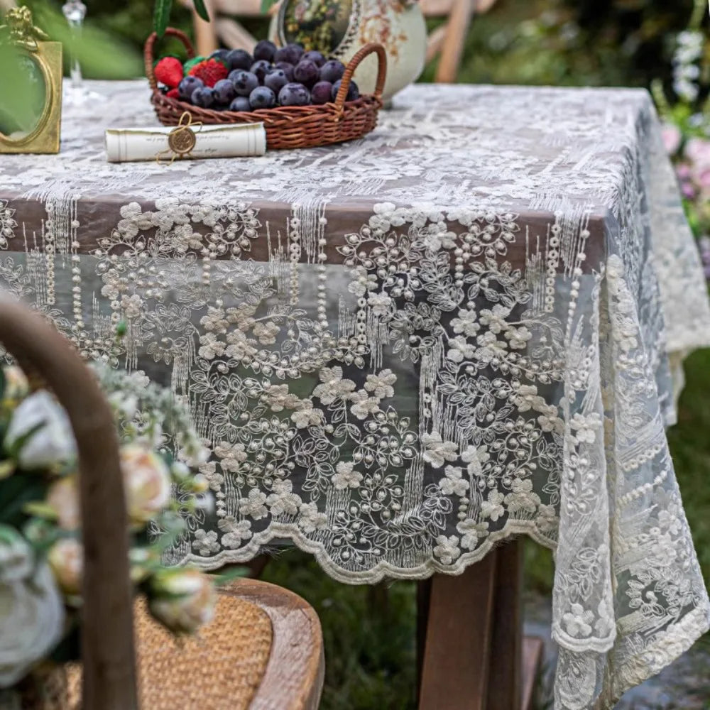 Home Decoration Embroidered French Lace Tablecloth Vintage White Table Linen Organza Table Runner Wedding Vue