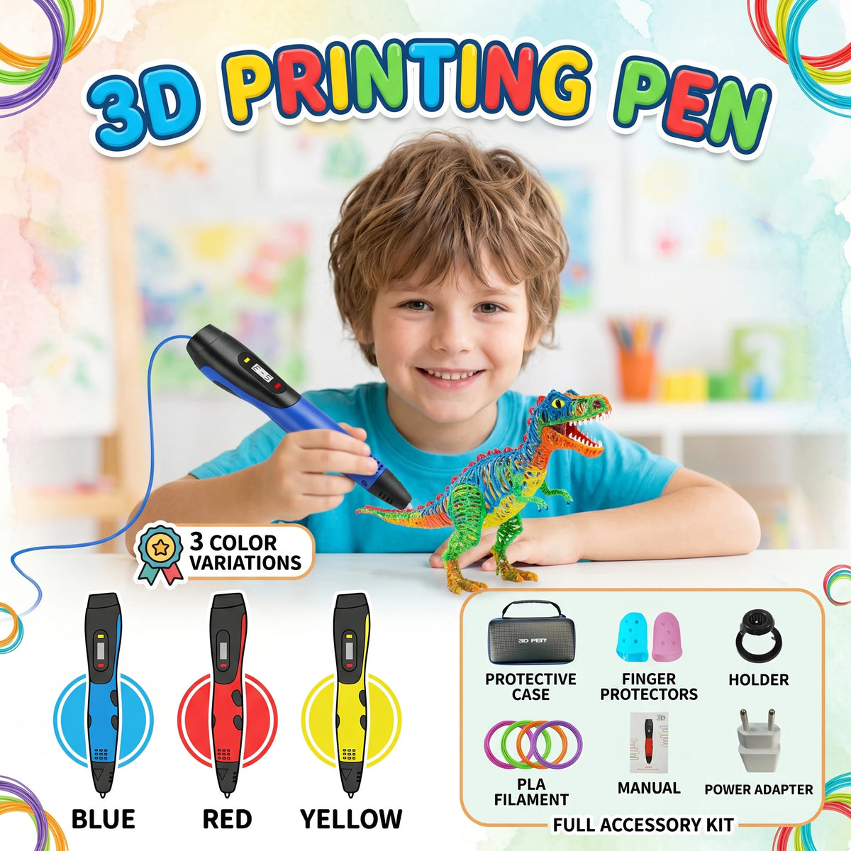 Upgraded 3D Printing Pen Pla Filaments EU adapter Children Birthday Christmas New Year Gifts Three Dimensional Painting Tools Vue