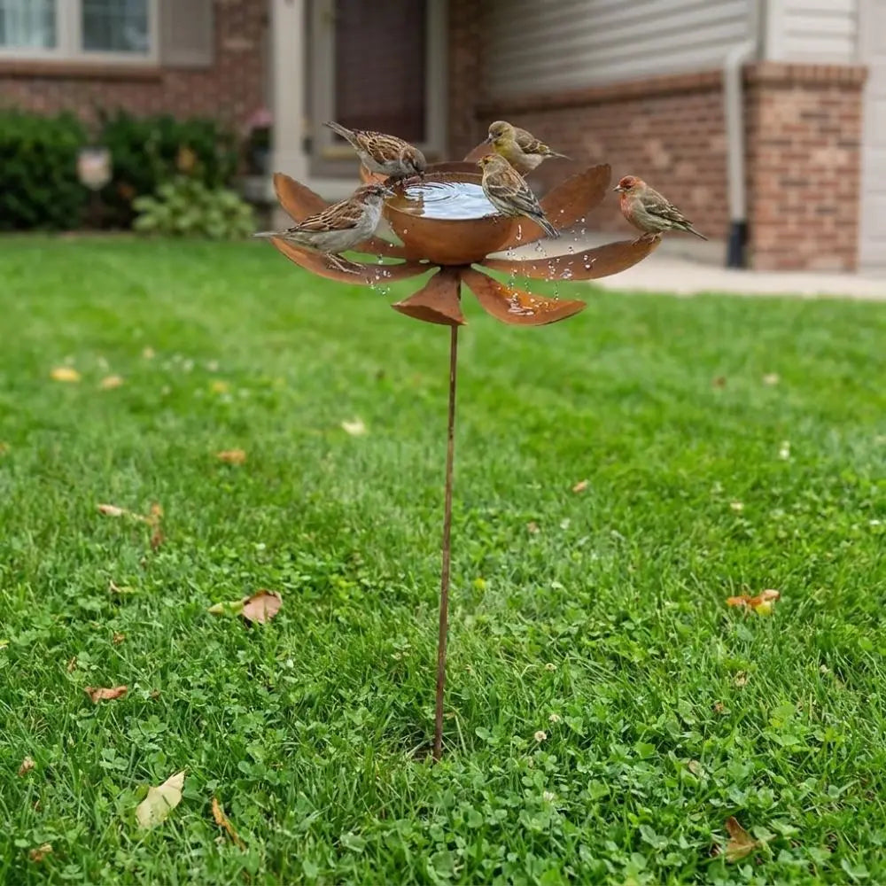 Flower Shape Metal Garden Birdbath Iron Art Rusty Bird Water Dispenser Handmade Ground Insert Bird Feeder Standing Vue