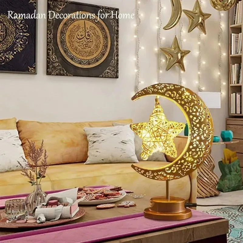 LED Rotating Iron Ramadan Moon Star Light Eid Mubarak Decor for Middle Eastern Party Home Table Ambiance Bedroom Night Lamp Vue