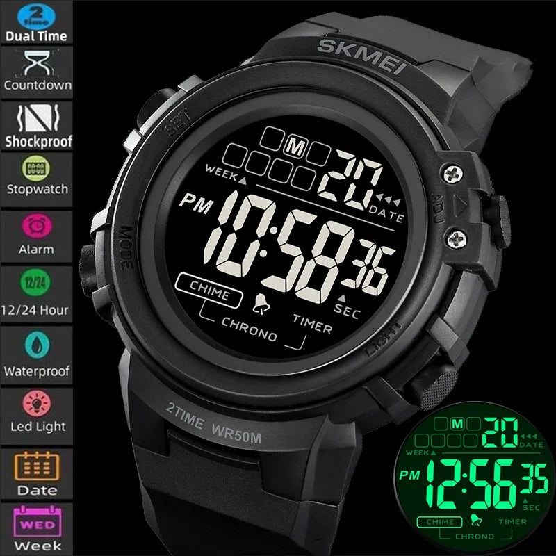 SKMEI 2260 Men's Digital Sports Watch – Dual Time Zone LED Digital Sports Watch Vue