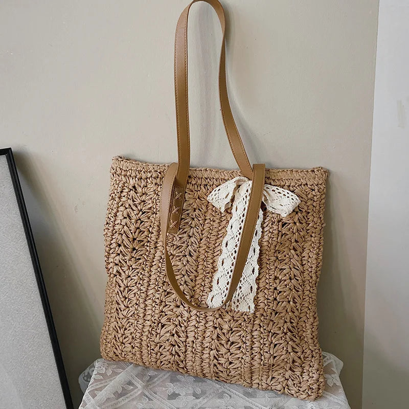 Square Hollow Straw Beach Bag Handmade Woven Shoulder Raffia Rattan