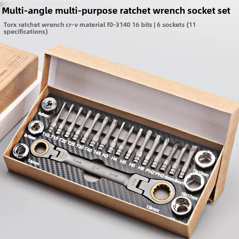 Multi-angle Ratchet Wrench Screwdriver Tool Set, Cross Hex Socket Kit, Household Car Repair Hand Tools for Machinery Maintenance Vue