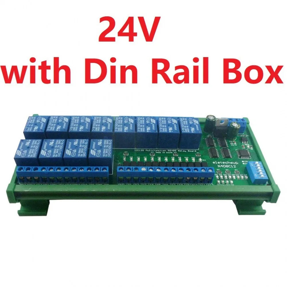 12 Channel DC12/24V NPN Digital Input Output UART RS485 Relay Module Modbus RTU DIN35 Rail Box Board for Machine Control PLC PTZ Vue