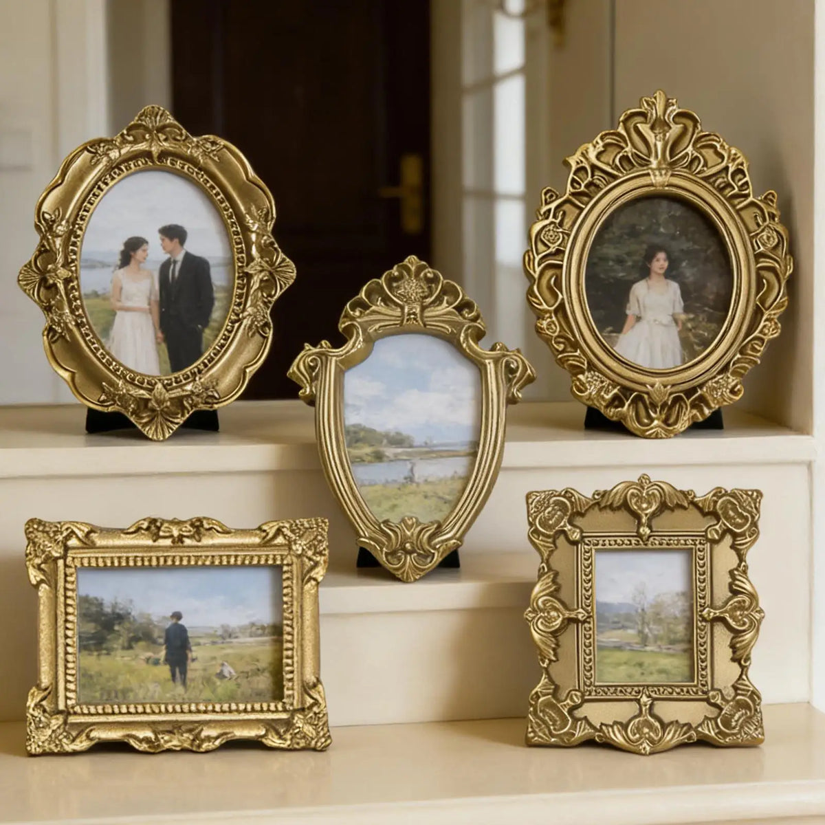 9/5pcs Retro Mini Picture Frames Gold Antique Photography Decor Wall lace photo frame for Photography Props DIY Jewelry display Vue