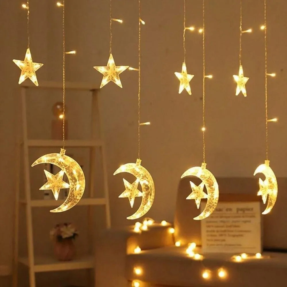 1PC 3.5M120LED Moon&Star LED curtain light,powered by 3AA batteries(excluding batteries),used for Ramadan room decoration Vue