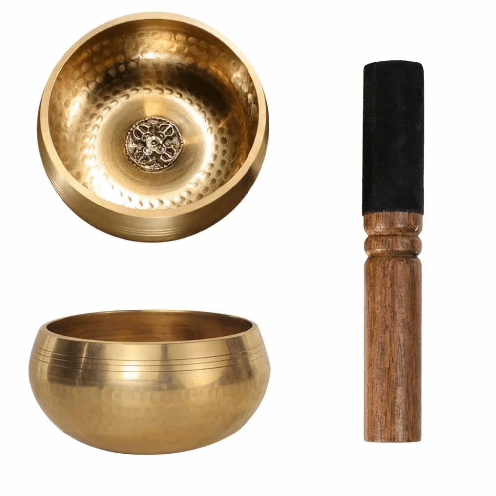 Soft Cushion Nepalese Singing Bowl Stress Relief Bottom Engraved Sound Bowl with Stick Home Decor Tibetan Singing Bowl Set Vue without mat style 12.8cm
