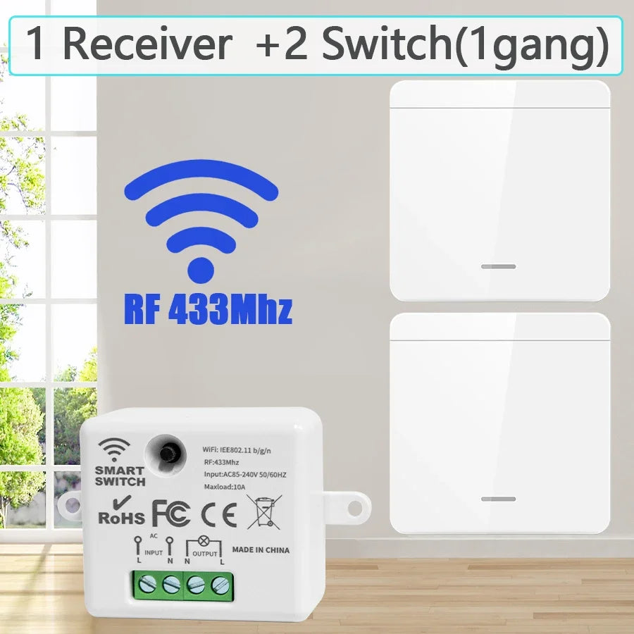 Wireless Smart Light Switch with 1/2/3 Gang RF 433MHz Remote Control Relay Receiver for Led Lamp AC 85-240V 10A DIY Module Vue 1 Receiver 2 Switch