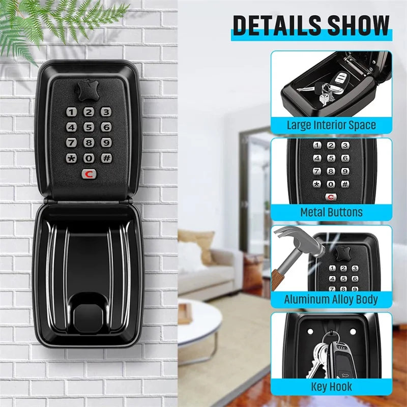 Wall Mounted Key Storage Safe Waterproof Anti-theft Key Box With Combination Lock 12-Digital Password Office Home Outdoor Use Vue