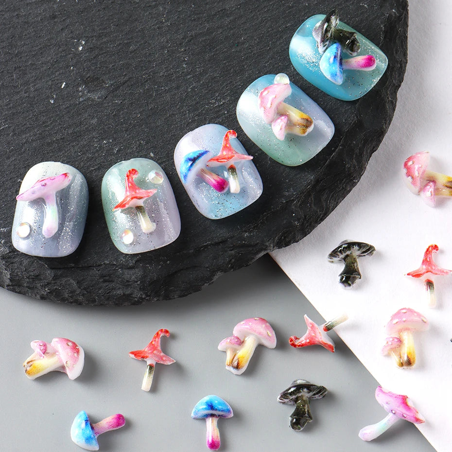 1-10Bags Cute Psychedelic Mushroom Nail Charms Resin Cartoon Mini Mushroom Nail Art Supplies for DIY Manicure Decoration Gift Vue