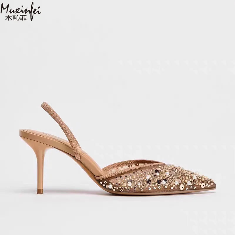 Women's Sequin Beaded High Heel Pointed Toe Mule Pumps High Heel Mule Pumps Vue