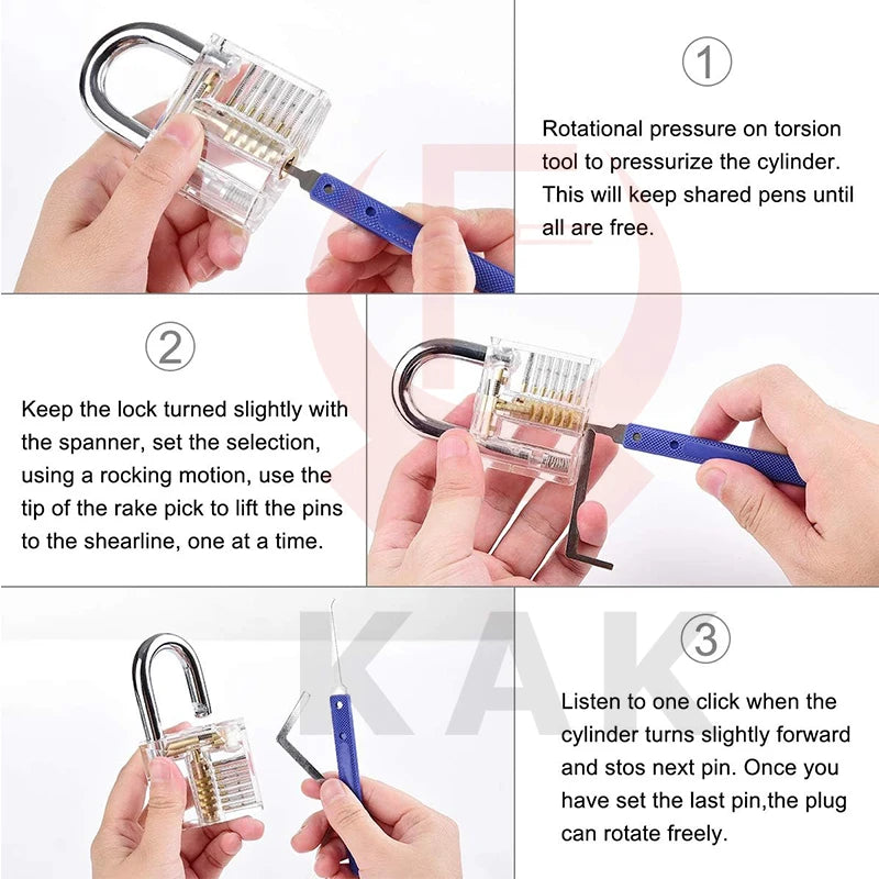 KAK 17pcs Unlocking Lock Pick Set Key Extractor Transparent Practice Padlock Kit Locksmith Training Kit with Transparent Locks Vue