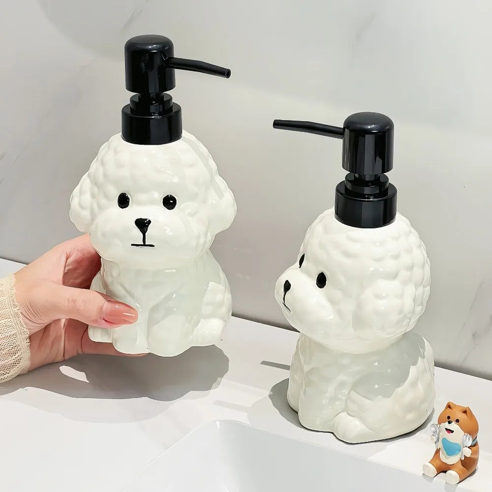 Refillable Bichon Frise Ceramic Soap Dispenser No-Leak Lotion Pump with 2 Pump Options Reusable Pump Dispenser Cute Easy-Clean Vue