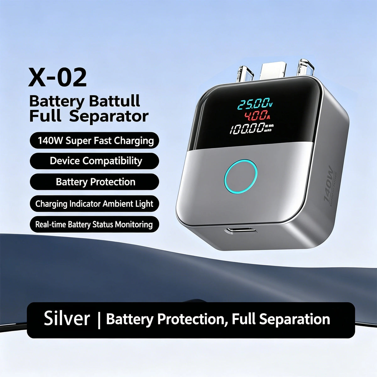 Type-C 140W Physical-Disconnect Battery Guard Anti-Overcharge Protection for Safe Overnight Charging Smart Auto Stop Charging Vue Sliver