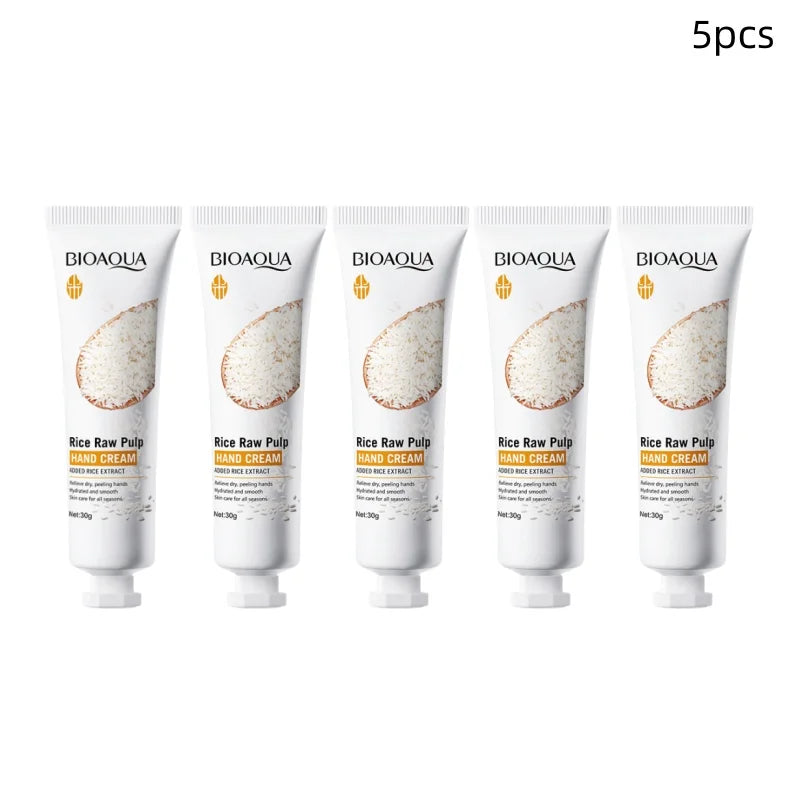 Rice Raw Pulp Hand Cream, Moisturizes and Replenishes Moisture, Cares for the Hands, Helps Improve Dry and Rough Skin, and Makes the Hands Soft, Delicate, and Smooth. Vue 5Pcs