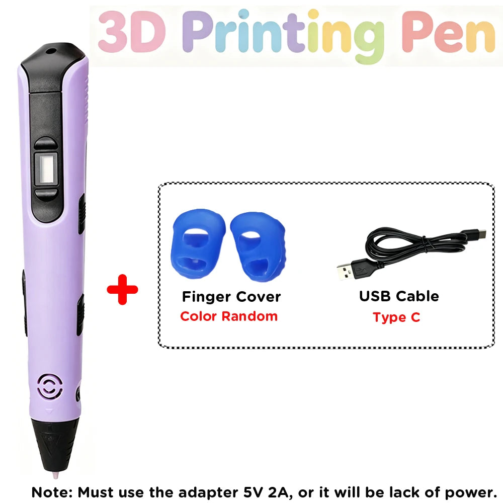 Kids 3D Printing Pen with LED Display Creative DIY Drawing Pen Non-Toxic PLA Filament Art Craft Pen for Children Boys Girls Gift Vue Purple PLA Filagment