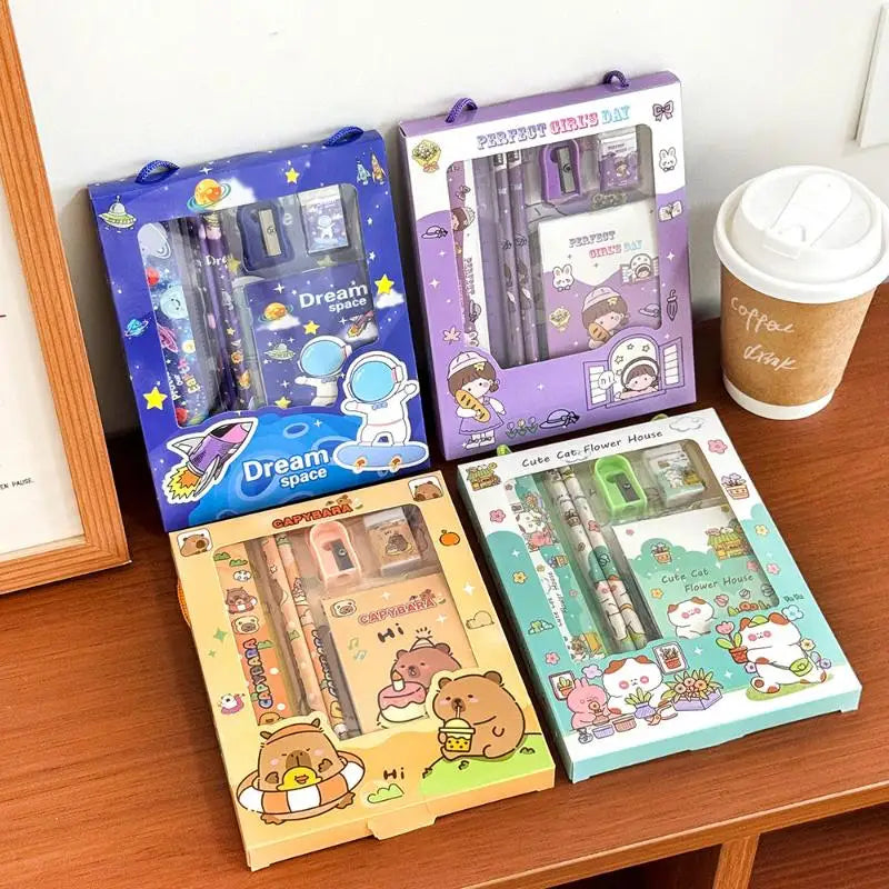 6Pcs/Set Cute Cartoon Capybara Pencil Stationery Set Kawaii Eraser Pencil Sharpener Children Student Stationery Supplies Vue