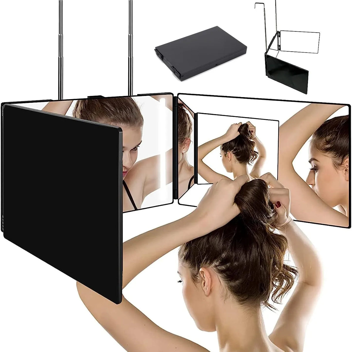 Travel Portable 360° Trifold Vanity Makeup Mirror with Height Adjustable Telescoping Hook for Hair Self Cutting Shaving Gifts Vue